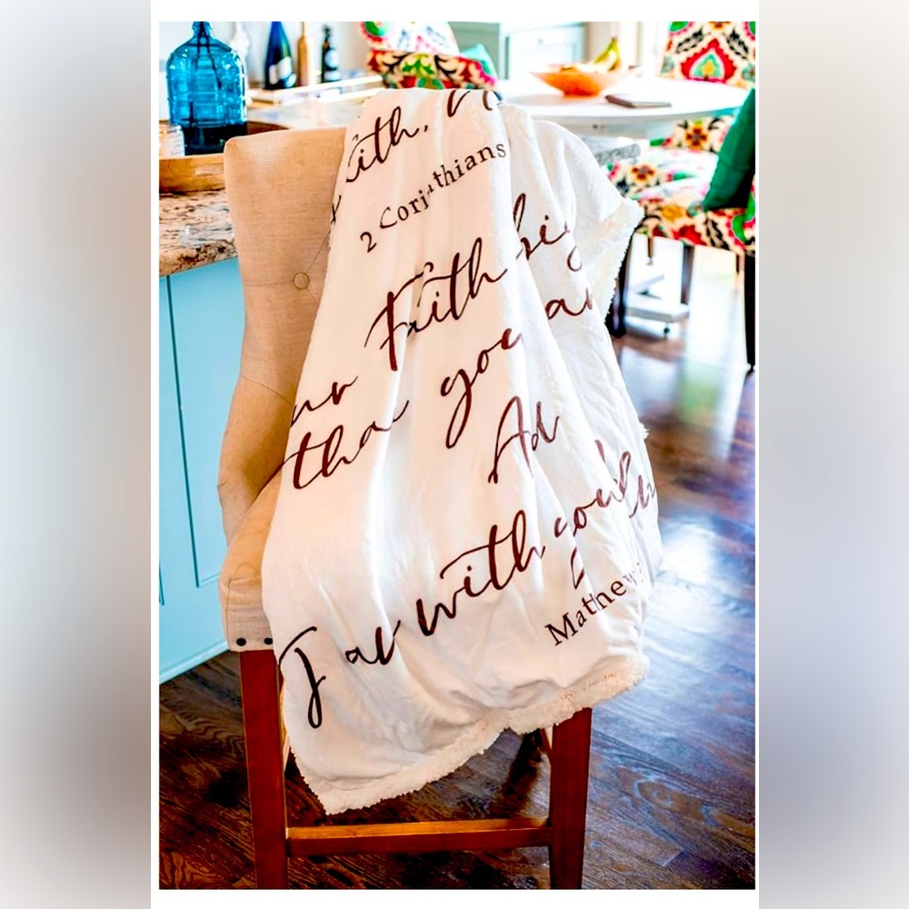 Inspirational White Throw Blanket with Script. NEW!